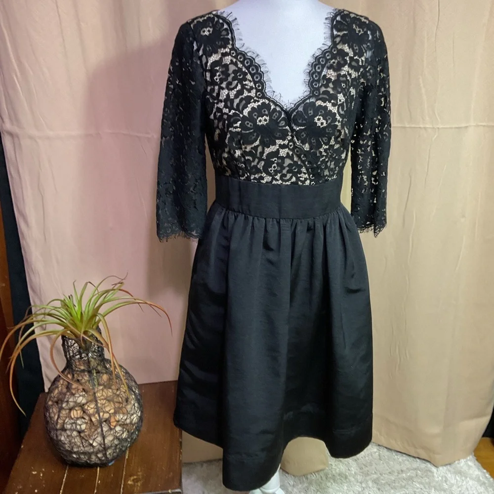 eliza j lace cocktail dress Faille Black Scalloped Fit & Flare Blush Colored Wedding Shoes CATEGORY_EMBELLISHED DRESSES a refined midi length Color:#26-Cream Bell sleeve